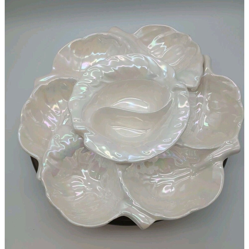 California Pottery Iridescent MCM Divided Serving 4 Piece Set  Leaves Wood Stand